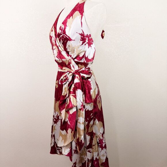 Y2K Vintage BCBG Silk Floral halter Red Mini Dress Wrap Size 4/6 - Picture 4 of 8